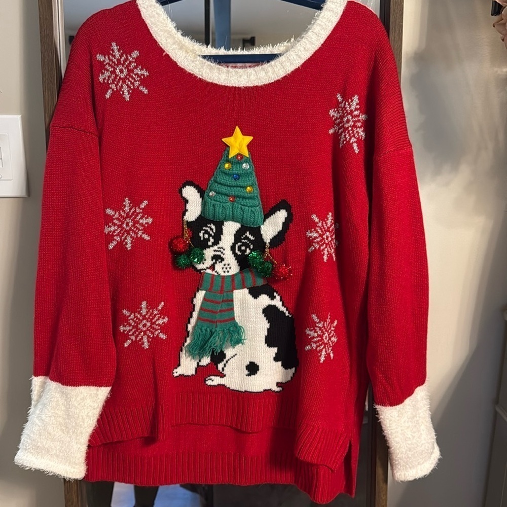 33 Degrees Ugly Christmas Sweater french bulldog women's size XL